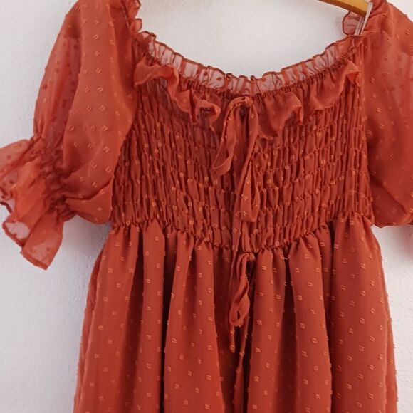 OC Order Pluss Off Shoulder Boho Flowy Swiss Dot Smocked Maxi Dress size S - Picture 3 of 8